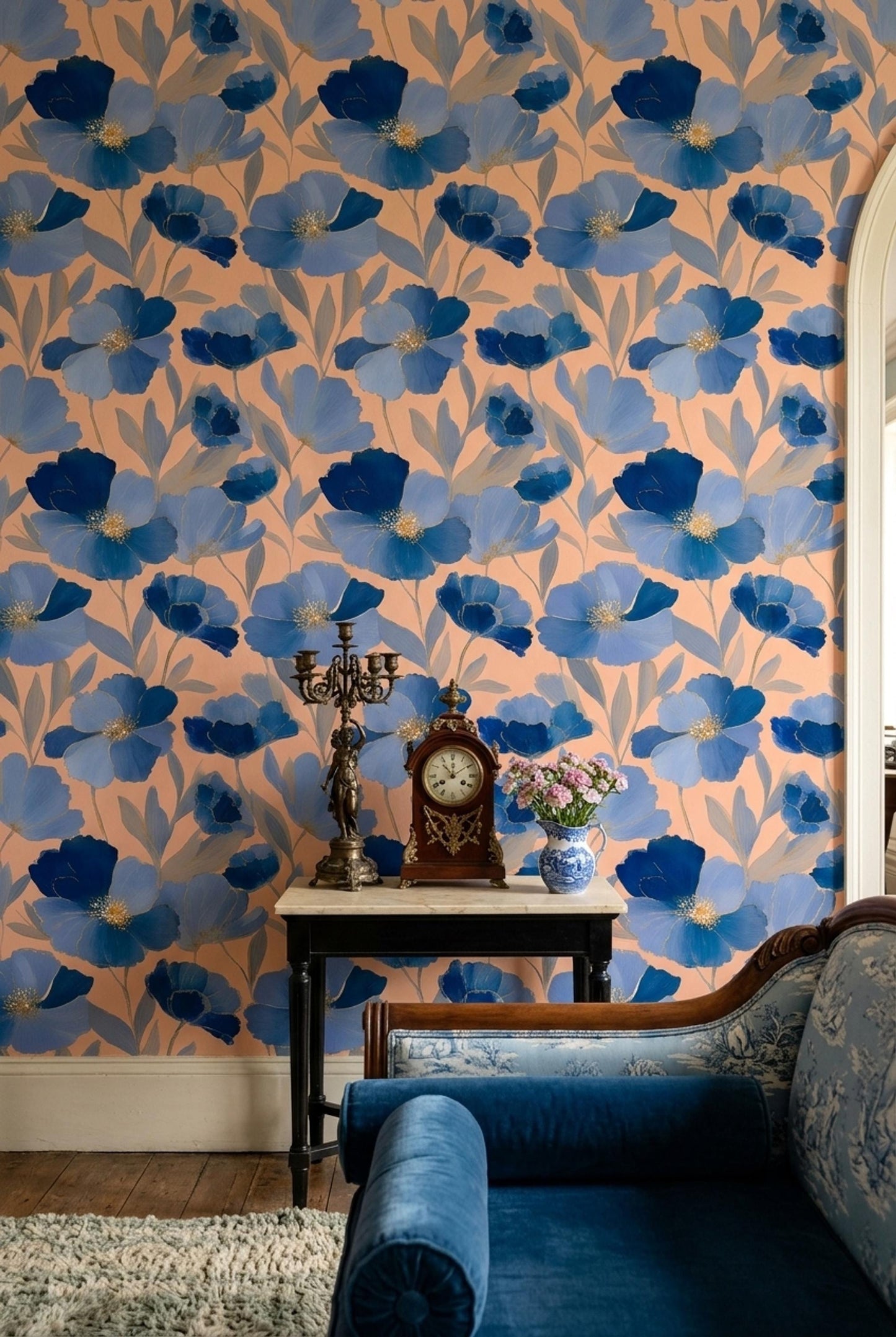 Art Deco Floral Wallpaper Blue Botanical Pattern Luxury Wall Decor Modern Wallpaper