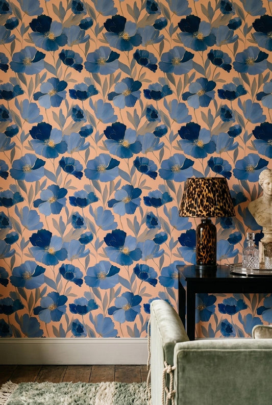 Art Deco Floral Wallpaper Blue Botanical Pattern Luxury Wall Decor Modern Wallpaper