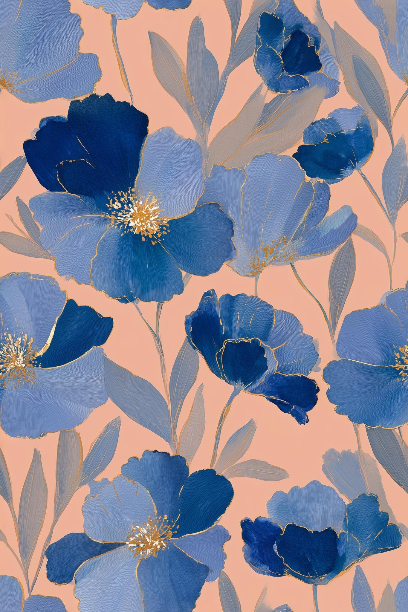 Art Deco Floral Wallpaper Blue Botanical Pattern Luxury Wall Decor Modern Wallpaper