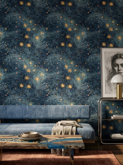 Art Deco Celestial Wallpaper Midnight Sky Mosaic Pattern Luxury Dark Wall Decor