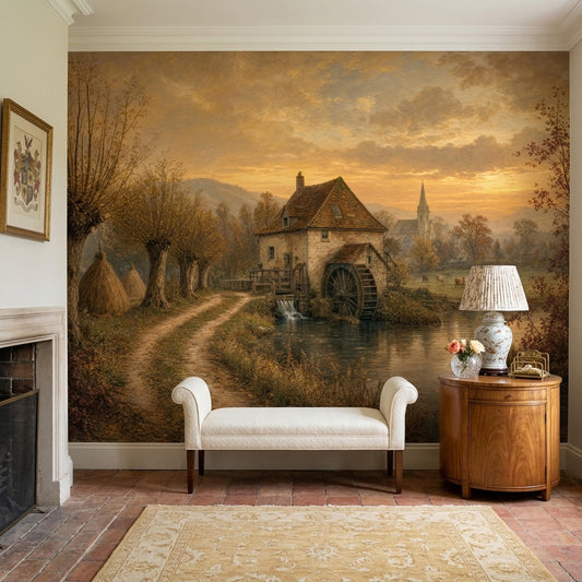 European Countryside Wall Mural Vintage Watermill Landscape French Country Decor