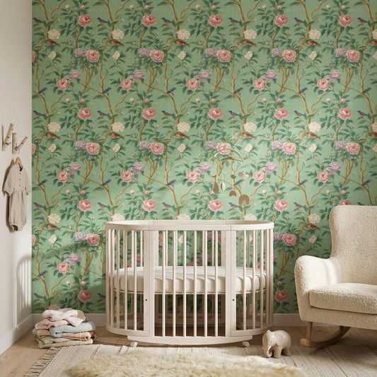 Chinoiserie Bird Wallpaper Peony Botanical Sage Green Vintage Wall Decor Pattern