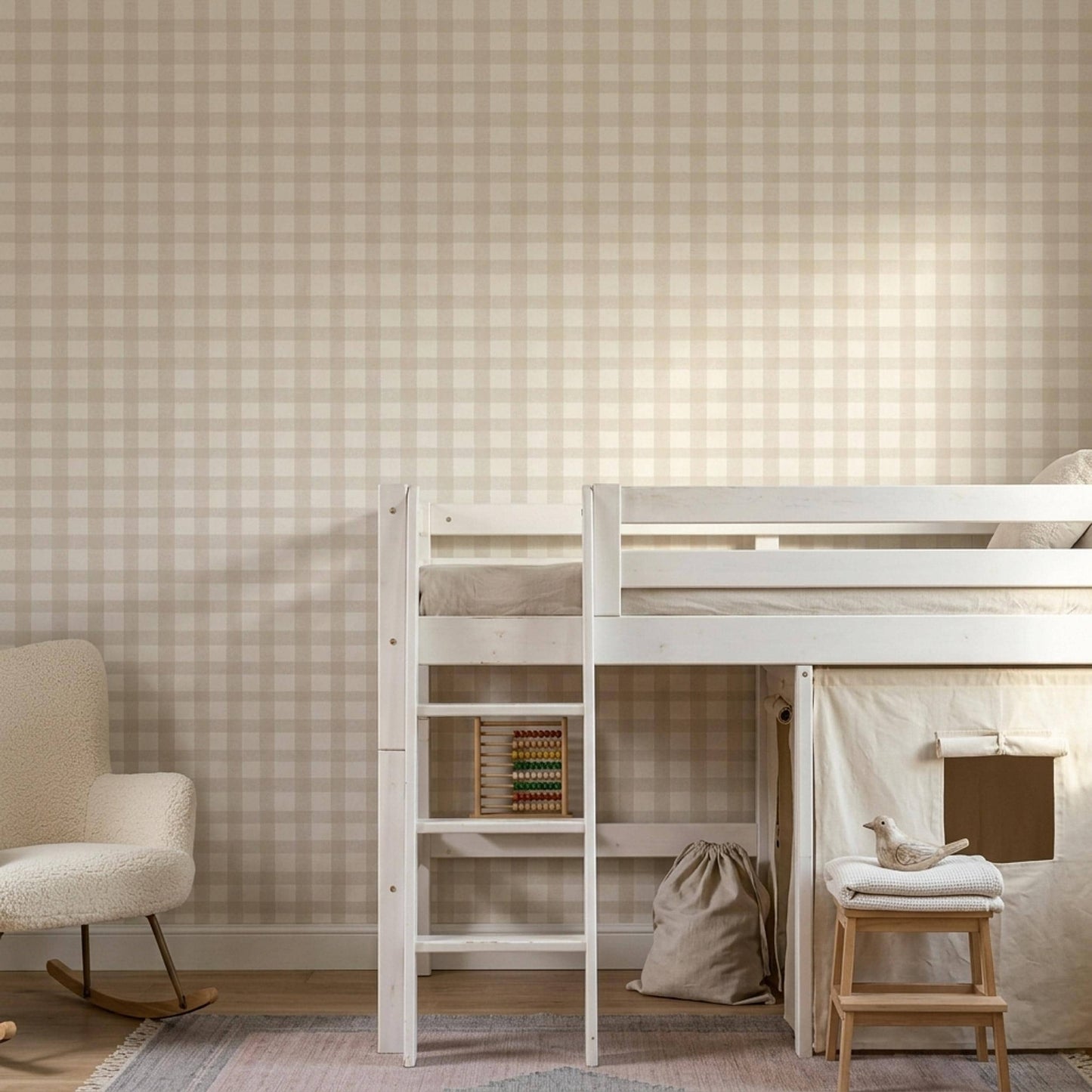 Modern Farmhouse Gingham Wallpaper Neutral Beige Check Pattern Rustic Wall Decor