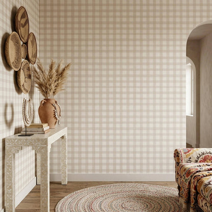 Modern Farmhouse Gingham Wallpaper Neutral Beige Check Pattern Rustic Wall Decor