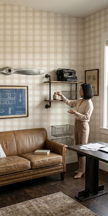Modern Farmhouse Gingham Wallpaper Neutral Beige Check Pattern Rustic Wall Decor