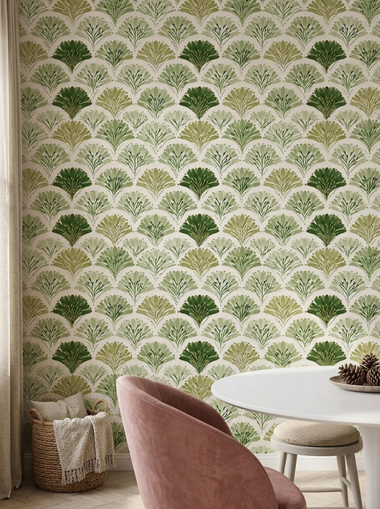 Art Deco Fan Wallpaper Green Botanical Pattern Organic Modern Cottagecore Decor