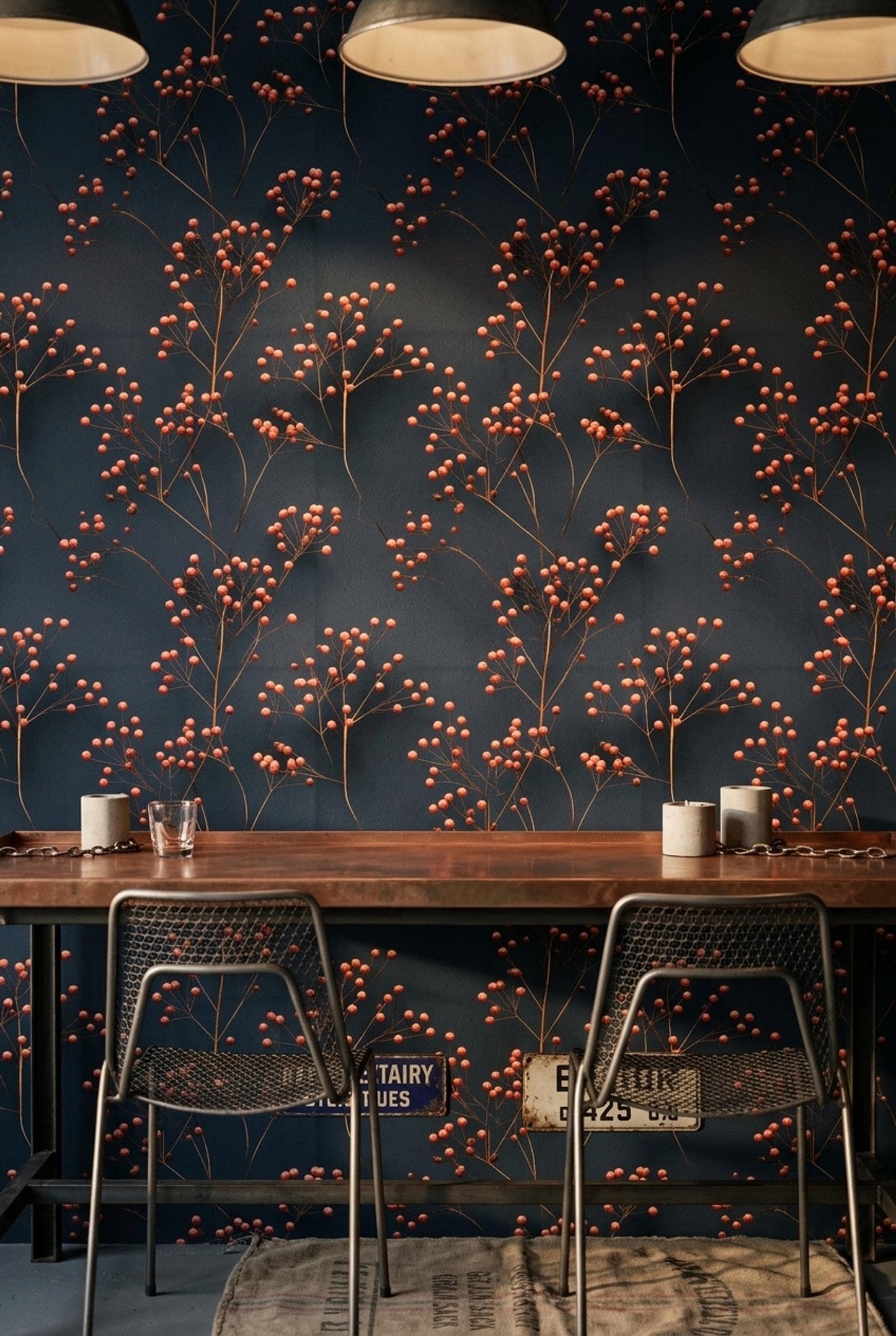 Moody Botanical Wallpaper Navy Berry Branch Pattern Scandinavian Wall Decor