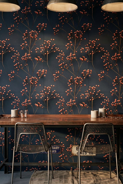 Moody Botanical Wallpaper Navy Berry Branch Pattern Scandinavian Wall Decor