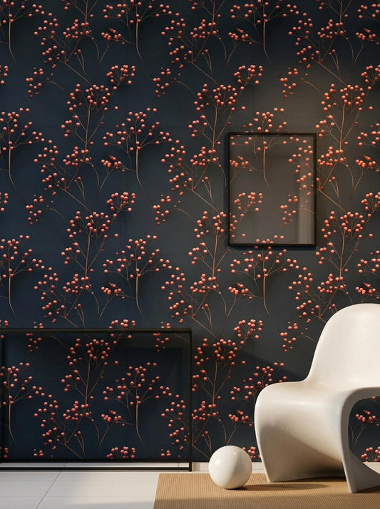 Moody Botanical Wallpaper Navy Berry Branch Pattern Scandinavian Wall Decor