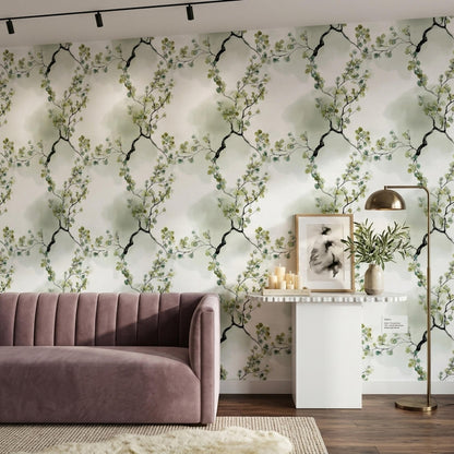 Eucalyptus Leaves Wallpaper Watercolor Sage Green Japandi Botanical Wall Decor