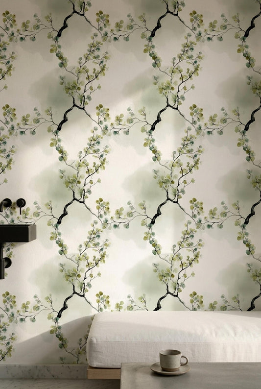 Eucalyptus Leaves Wallpaper Watercolor Sage Green Japandi Botanical Wall Decor