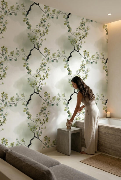 Eucalyptus Leaves Wallpaper Watercolor Sage Green Japandi Botanical Wall Decor