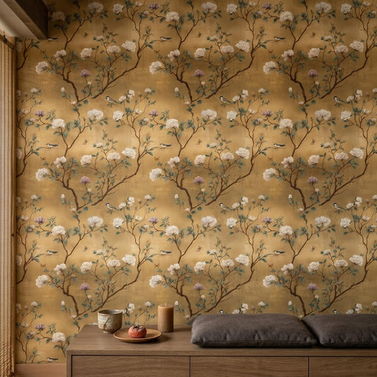 Gold Chinoiserie Wallpaper Vintage Bird Floral Botanical Wall Decor