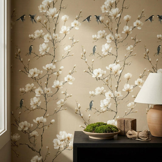 Magnolia Blossom Wallpaper Vintage Bird Pattern Japandi Wall Decor Neutral Floral