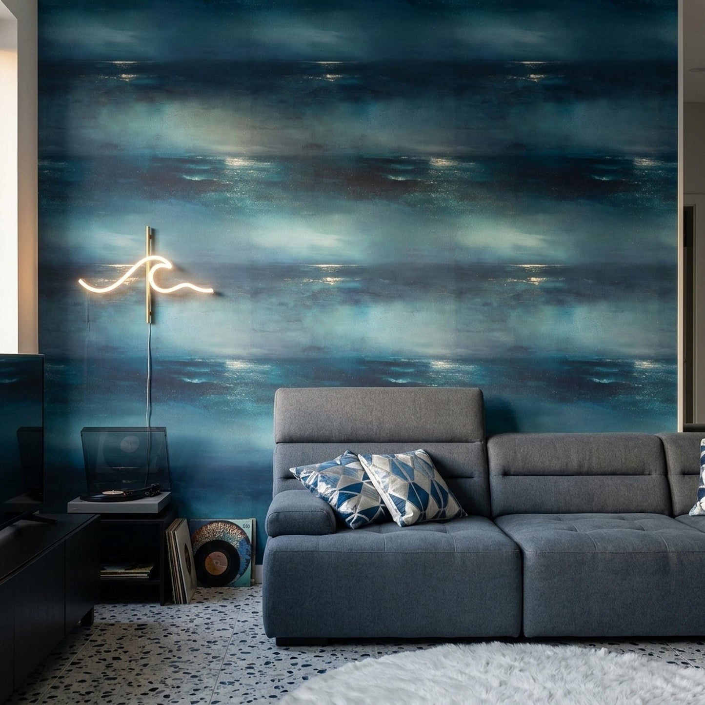 Midnight Ocean Wallpaper Moody Coastal Abstract Blue Seascape Luxury Wall Decor