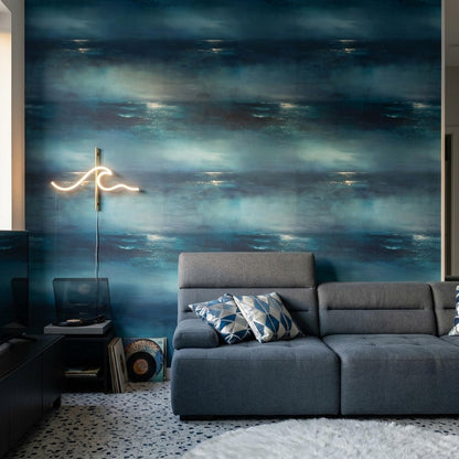 Midnight Ocean Wallpaper Moody Coastal Abstract Blue Seascape Luxury Wall Decor
