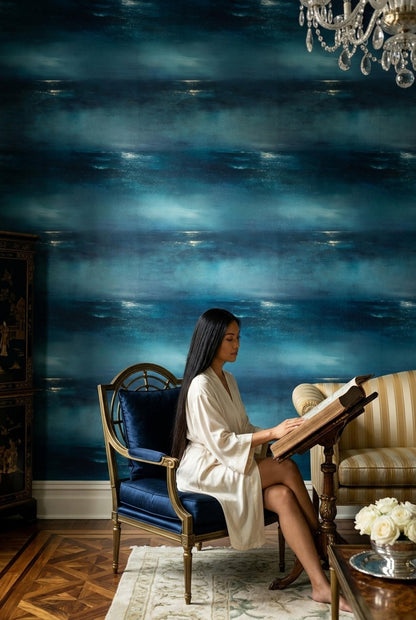 Midnight Ocean Wallpaper Moody Coastal Abstract Blue Seascape Luxury Wall Decor