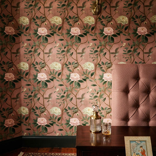 Vintage Peony Bird Wallpaper Dusty Rose Chinoiserie Floral Wall Decor Cottagecore