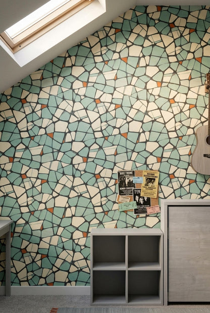 Geometric Mosaic Wallpaper Mid Century Modern Terrazzo Pattern Mint Green Wall Decor
