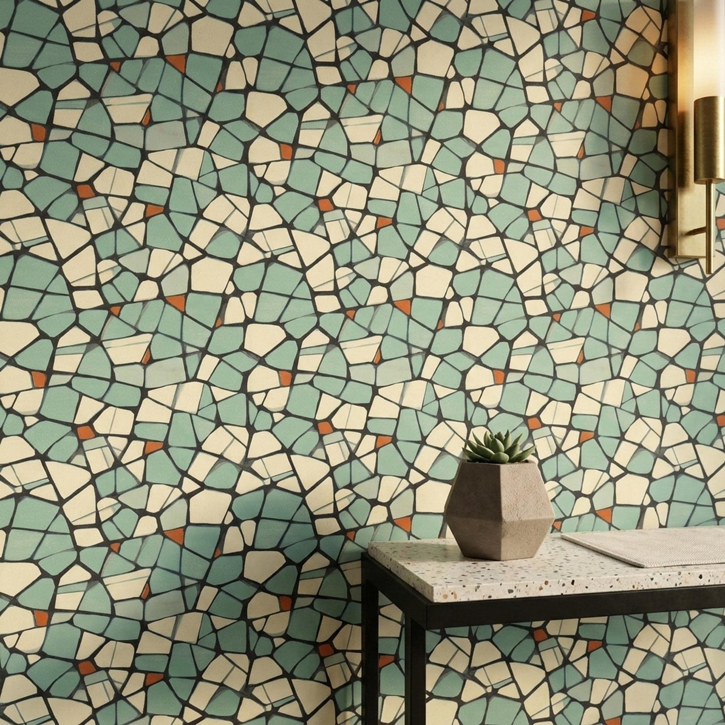 Geometric Mosaic Wallpaper Mid Century Modern Terrazzo Pattern Mint Green Wall Decor