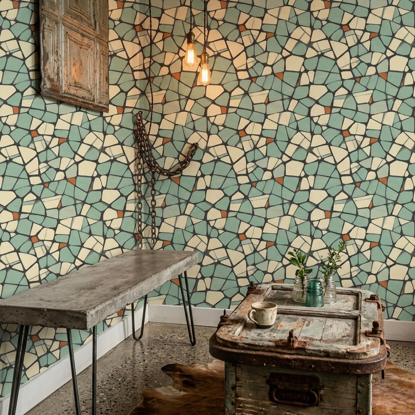 Geometric Mosaic Wallpaper Mid Century Modern Terrazzo Pattern Mint Green Wall Decor