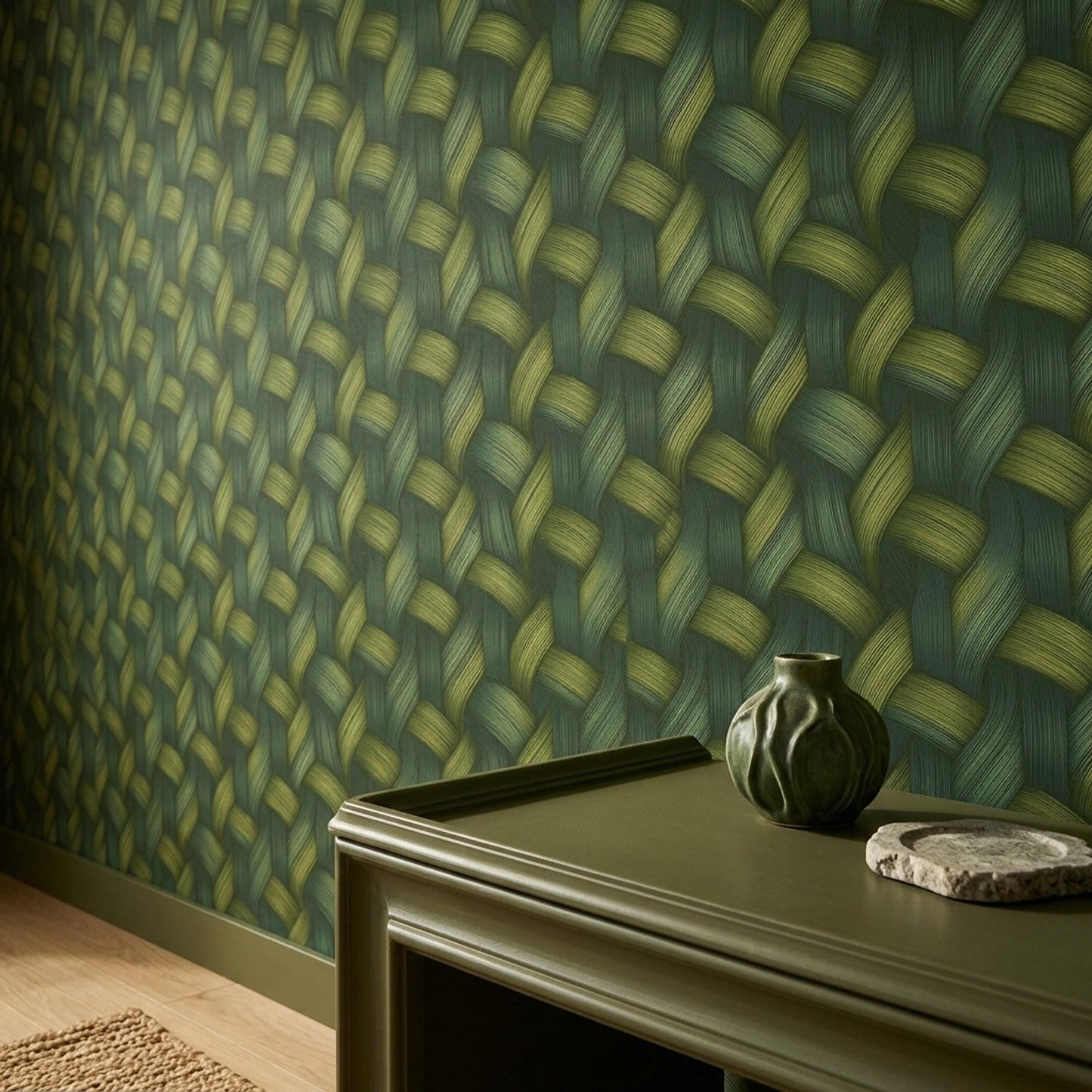 Green Woven Wallpaper Textured Basket Weave Wallpaper Organic Modern Wall Decor