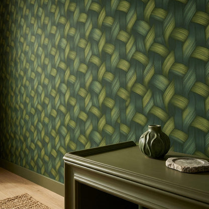 Green Woven Wallpaper Textured Basket Weave Wallpaper Organic Modern Wall Decor
