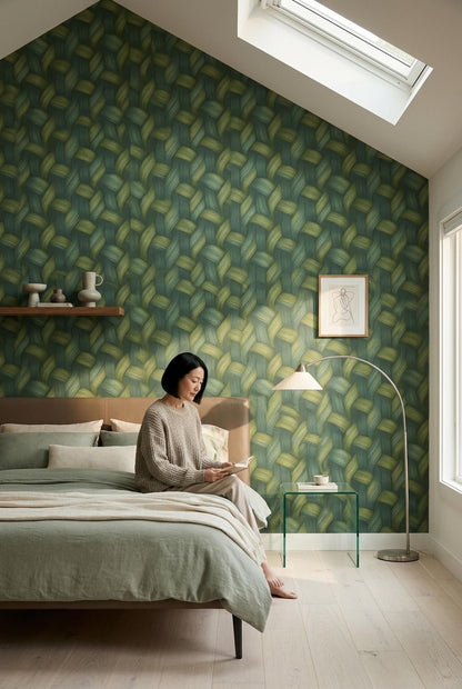 Green Woven Wallpaper Textured Basket Weave Wallpaper Organic Modern Wall Decor