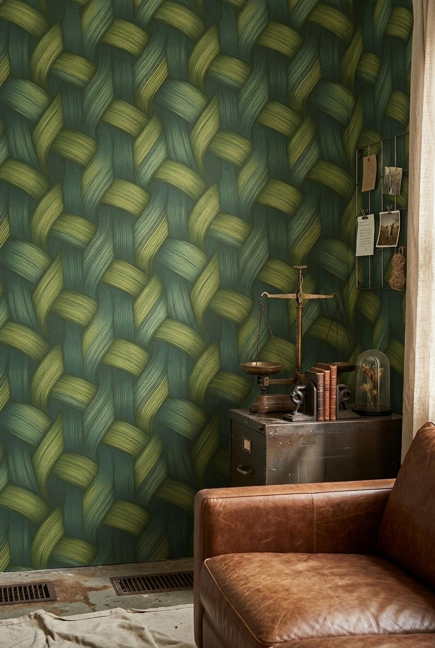 Green Woven Wallpaper Textured Basket Weave Wallpaper Organic Modern Wall Decor