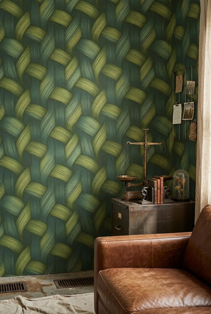 Green Woven Wallpaper Textured Basket Weave Wallpaper Organic Modern Wall Decor