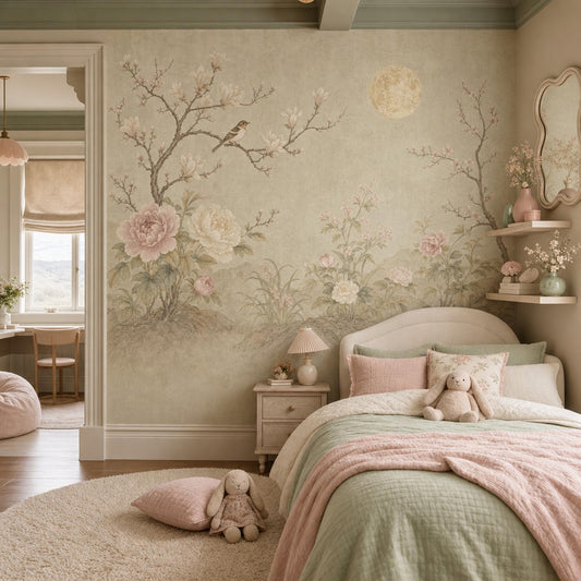 Vintage Floral Nursery Mural Peony Garden Wall Mural Moonlit Chinoiserie Decor