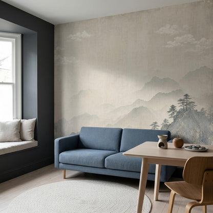 Japandi Wall Mural Misty Mountain Wallpaper Wabi Sabi Landscape Quiet Luxury Decor