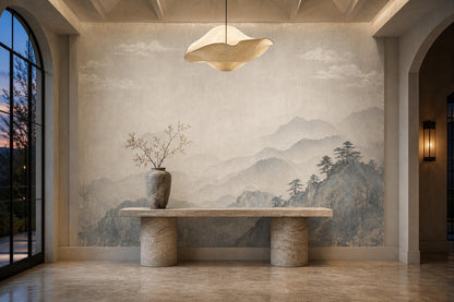 Japandi Wall Mural Misty Mountain Wallpaper Wabi Sabi Landscape Quiet Luxury Decor