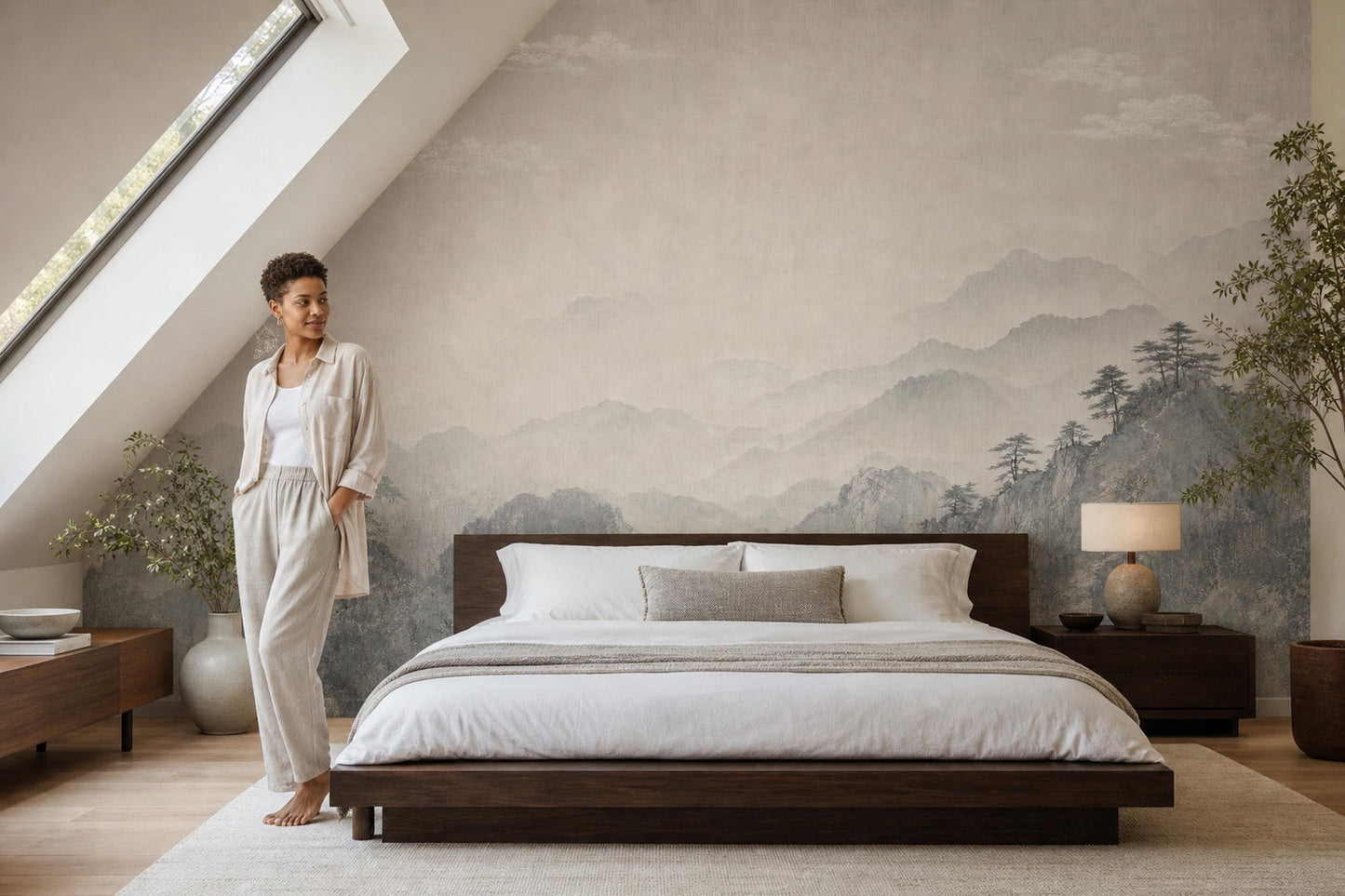 Japandi Wall Mural Misty Mountain Wallpaper Wabi Sabi Landscape Quiet Luxury Decor