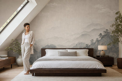 Japandi Wall Mural Misty Mountain Wallpaper Wabi Sabi Landscape Quiet Luxury Decor