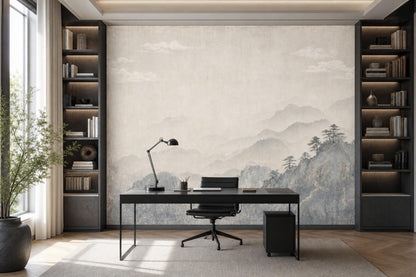 Japandi Wall Mural Misty Mountain Wallpaper Wabi Sabi Landscape Quiet Luxury Decor