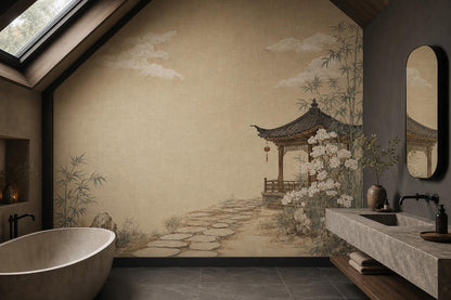Asian Landscape Wallpaper Traditional Pavilion Bamboo Grove Wall Mural