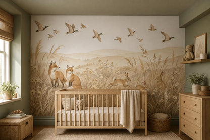 Pastoral Landscape Wallpaper Watercolor Illustration Foxes Wall Mural