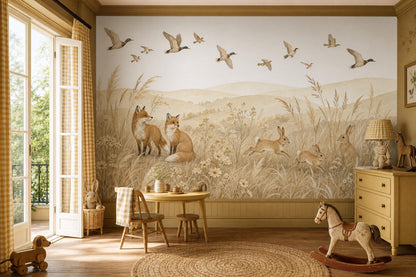 Pastoral Landscape Wallpaper Watercolor Illustration Foxes Wall Mural