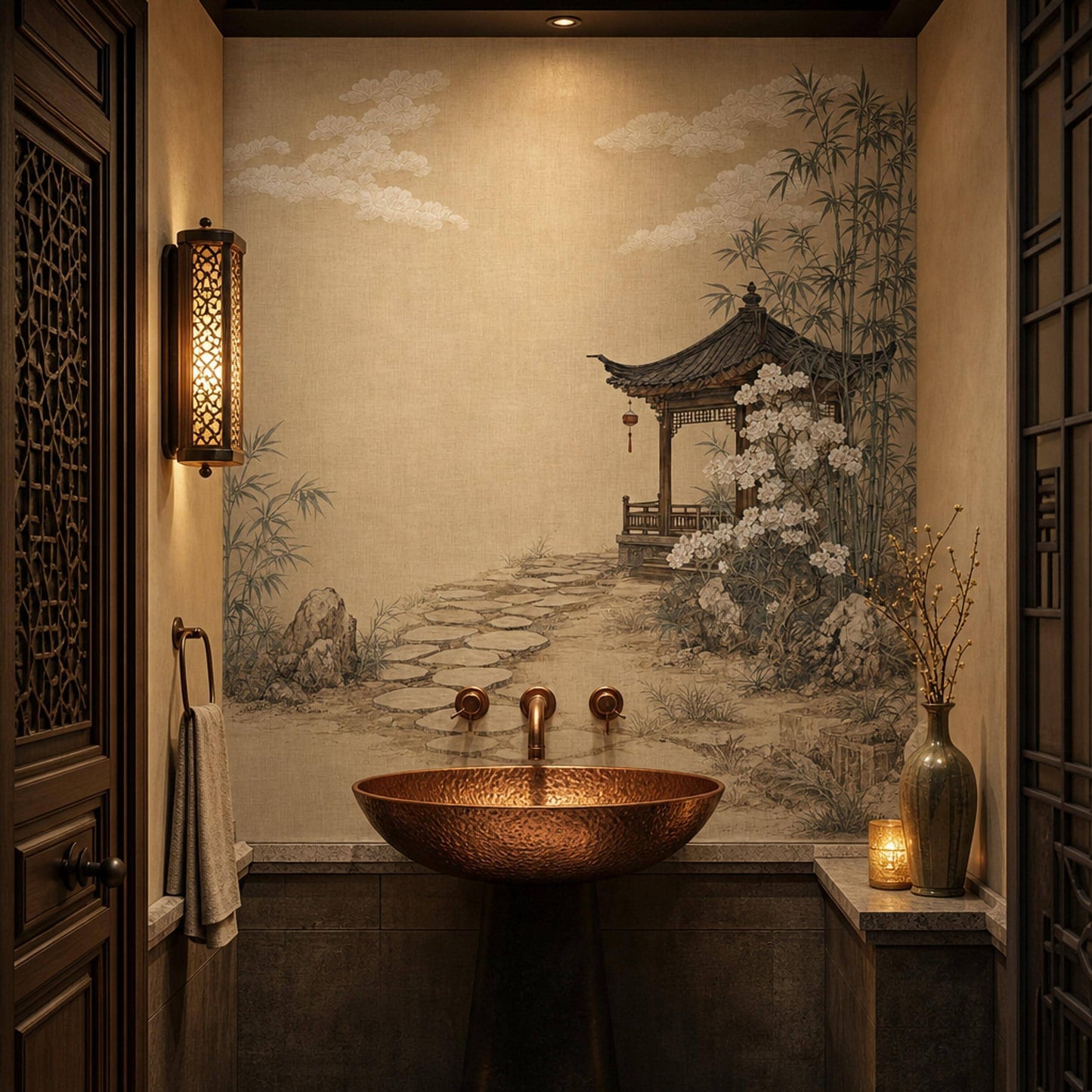 Asian Landscape Wallpaper Traditional Pavilion Bamboo Grove Wall Mural