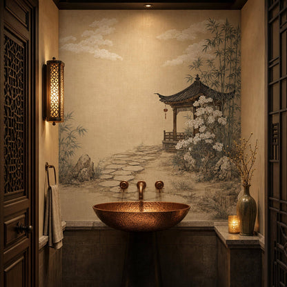 Asian Landscape Wallpaper Traditional Pavilion Bamboo Grove Wall Mural