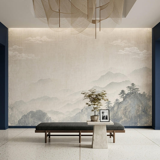 Japandi Wall Mural Misty Mountain Wallpaper Wabi Sabi Landscape Quiet Luxury Decor
