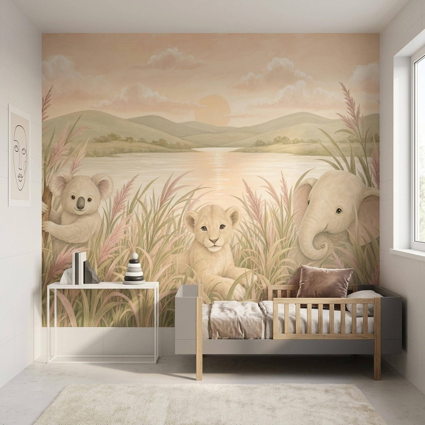Savanna Landscape Wallpaper Baby Animals Soft Watercolor Wall Mural