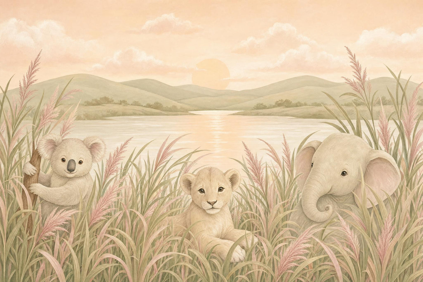Savanna Landscape Wallpaper Baby Animals Soft Watercolor Wall Mural