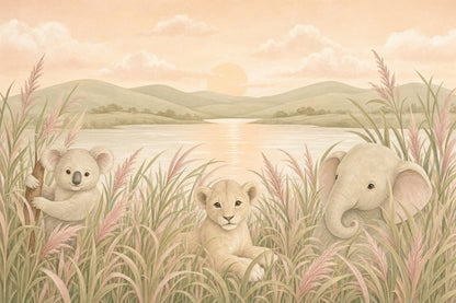 Savanna Landscape Wallpaper Baby Animals Soft Watercolor Wall Mural