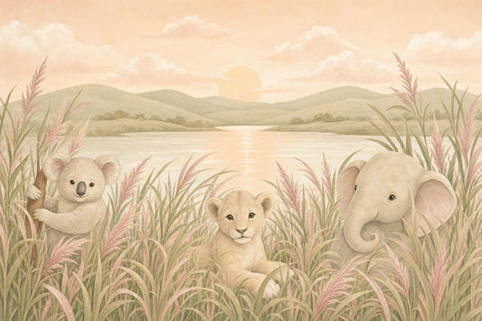 Savanna Landscape Wallpaper Baby Animals Soft Watercolor Wall Mural