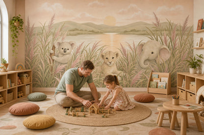 Savanna Landscape Wallpaper Baby Animals Soft Watercolor Wall Mural