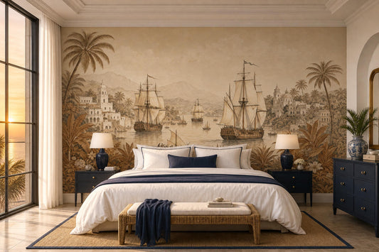 Vintage Harbor Wall Mural Coastal Colonial Landscape Antique Sailing Ship Decor