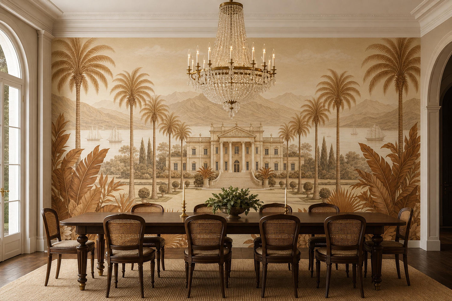 Vintage Landscape Mural Wallpaper Sepia Tropical Palms Neoclassical Villa Wall Mural