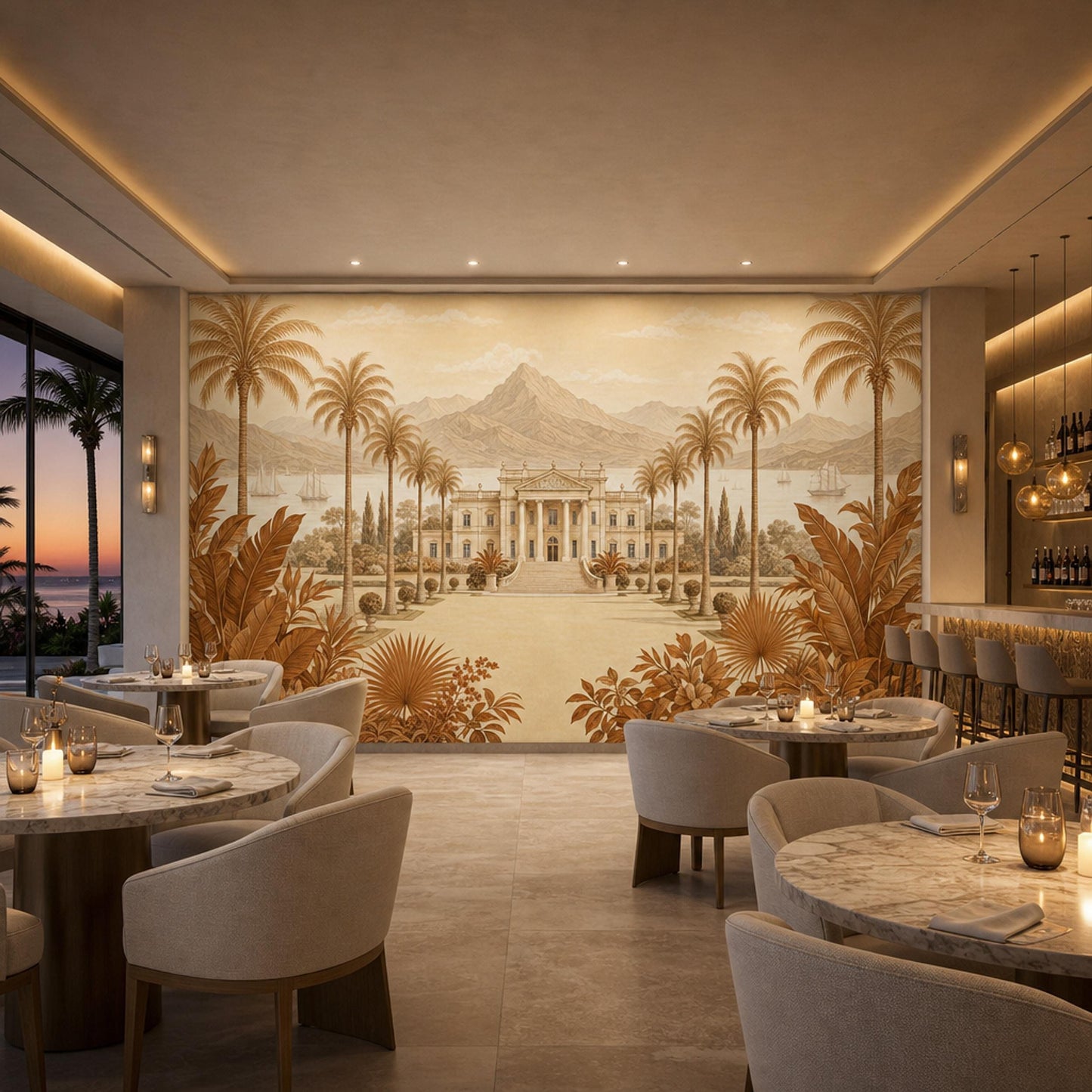 Vintage Landscape Mural Wallpaper Sepia Tropical Palms Neoclassical Villa Wall Mural